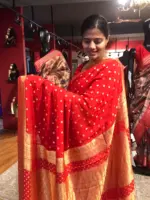 Red Crepe Silk Saree with Beautiful Gold Zari Buttas highlighted with Gold Woven Border - Image 5