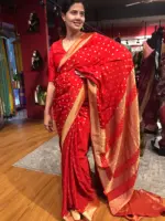 Red Crepe Silk Saree with Beautiful Gold Zari Buttas highlighted with Gold Woven Border - Image 2