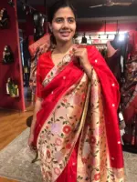 Red Crepe Silk Saree with Gold Zari Buttas highlighted with Paithani Weaves