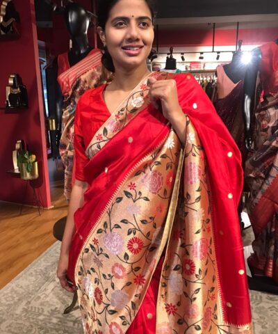 Red Crepe Silk Saree with Gold Zari Buttas highlighted with Paithani Weaves