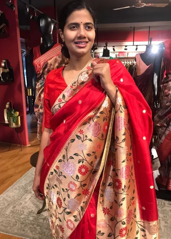 Red Crepe Silk Saree with Gold Zari Buttas highlighted with Paithani Weaves