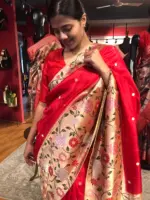 Red Crepe Silk Saree with Gold Zari Buttas highlighted with Paithani Weaves - Image 5