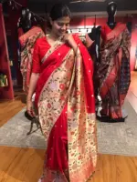 Red Crepe Silk Saree with Gold Zari Buttas highlighted with Paithani Weaves - Image 3