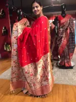 Red Crepe Silk Saree with Gold Zari Buttas highlighted with Paithani Weaves - Image 4