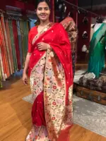 Red Crepe Silk Saree with Gold Zari Buttas highlighted with Paithani Weaves - Image 2