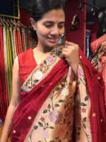 Maroon Crepe Silk Saree with Gold Zari Buttas highlighted with Paithani Weaves - Image 6