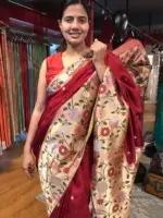 Maroon Crepe Silk Saree with Gold Zari Buttas highlighted with Paithani Weaves - Image 3