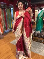 Maroon Crepe Silk Saree with Gold Zari Buttas highlighted with Paithani Weaves - Image 2