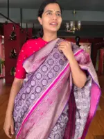 Purple Banarasi Brocade Silk Saree with Beautiful Silver Zari Weaves highlighted with contrast Piping - Image 6