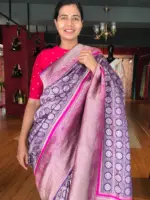 Purple Banarasi Brocade Silk Saree with Beautiful Silver Zari Weaves highlighted with contrast Piping - Image 4