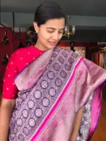 Purple Banarasi Brocade Silk Saree with Beautiful Silver Zari Weaves highlighted with contrast Piping - Image 7