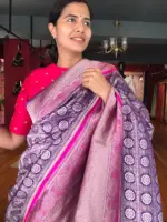 Purple Banarasi Brocade Silk Saree with Beautiful Silver Zari Weaves highlighted with contrast Piping