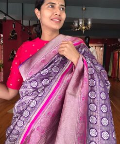 Purple Banarasi Brocade Silk Saree with Beautiful Silver Zari Weaves highlighted with contrast Piping