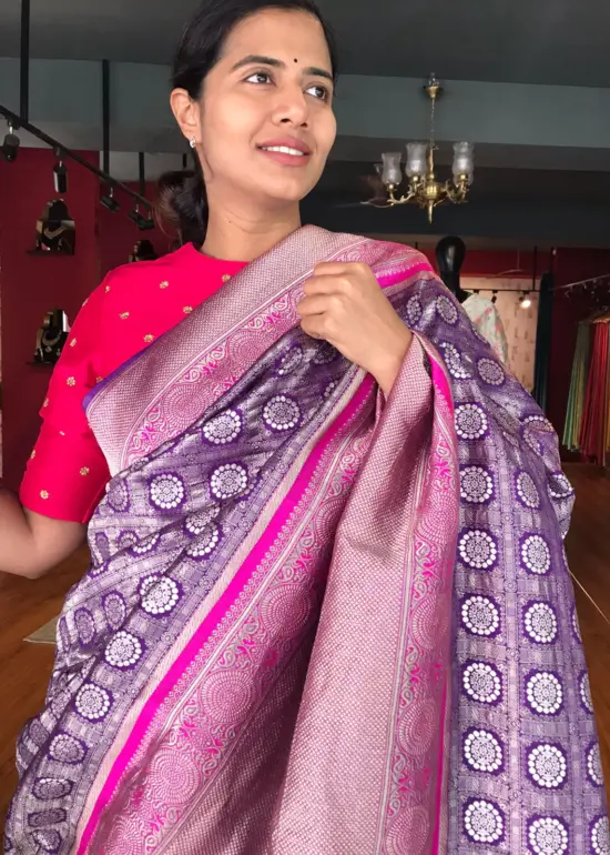 Purple Banarasi Brocade Silk Saree with Beautiful Silver Zari Weaves highlighted with contrast Piping