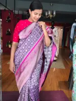 Purple Banarasi Brocade Silk Saree with Beautiful Silver Zari Weaves highlighted with contrast Piping - Image 5