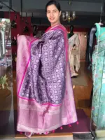 Purple Banarasi Brocade Silk Saree with Beautiful Silver Zari Weaves highlighted with contrast Piping - Image 3