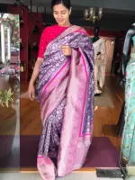 Purple Banarasi Brocade Silk Saree with Beautiful Silver Zari Weaves highlighted with contrast Piping - Image 2