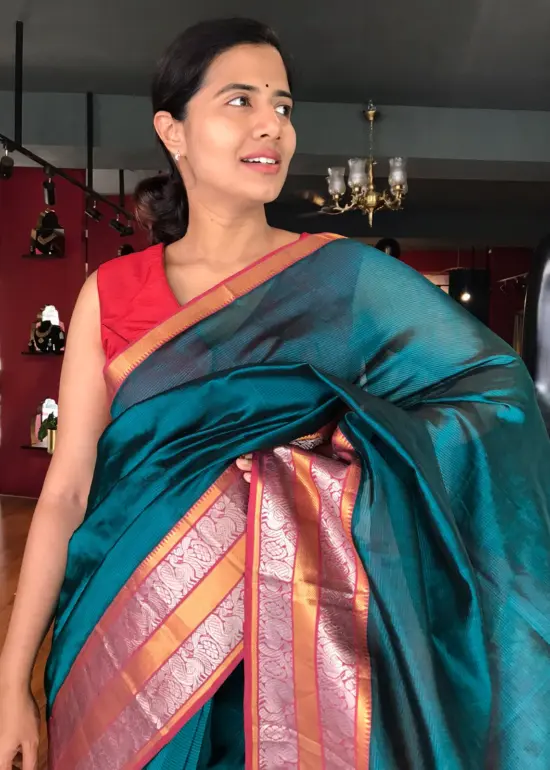 Ocean Blue Mangalagiri Silk Saree with Kanchi Silk Border