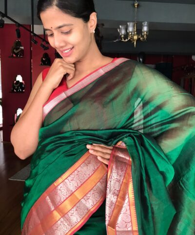Bottle Green Mangalagiri Silk Saree with Kanchi Silk Border