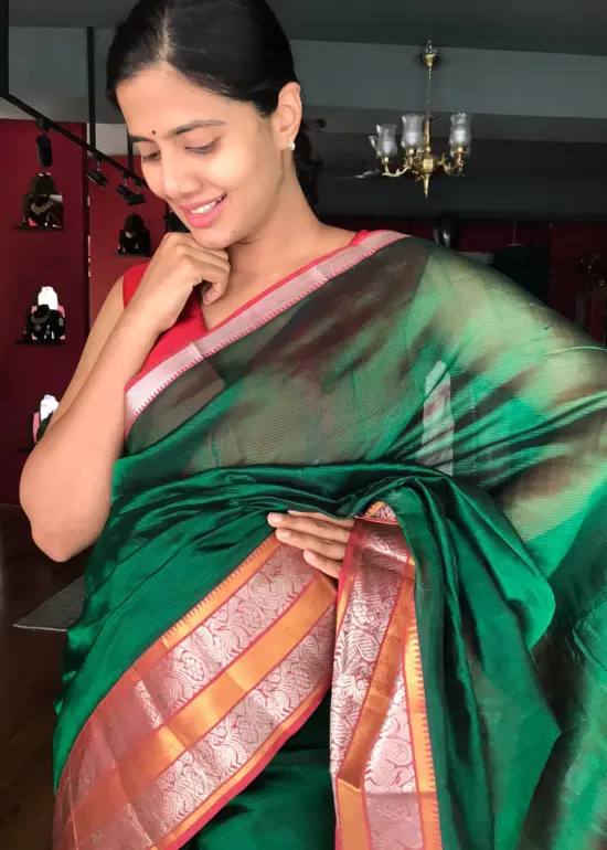 Bottle Green Mangalagiri Silk Saree with Kanchi Silk Border