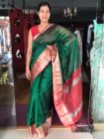 Bottle Green Mangalagiri Silk Saree with Kanchi Silk Border - Image 3