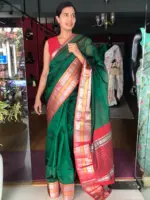 Bottle Green Mangalagiri Silk Saree with Kanchi Silk Border - Image 2
