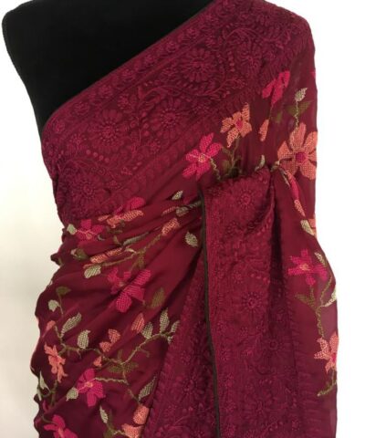 Maroon Designer Saree highlighted Cross Stitch Embroidery