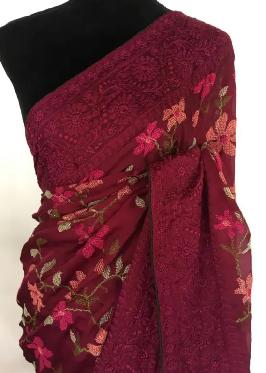 Maroon Designer Saree highlighted Cross Stitch Embroidery