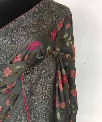 Grey Designer Saree highlighted Cross Stitch Embroidery