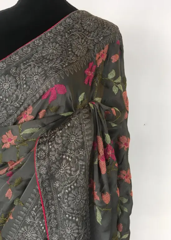 Grey Designer Saree highlighted Cross Stitch Embroidery