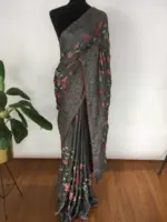 Grey Designer Saree highlighted Cross Stitch Embroidery - Image 2