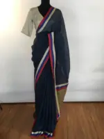 Navyblue Pure Linen Saree woven with contrast border - Image 2