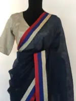 Navyblue Pure Linen Saree woven with contrast border - Image 3