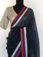 Navyblue Pure Linen Saree woven with contrast border