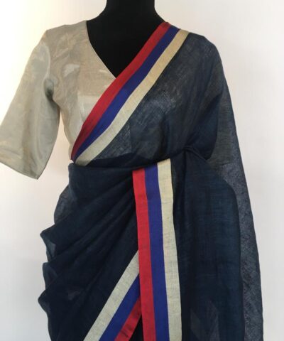 Navyblue Pure Linen Saree woven with contrast border