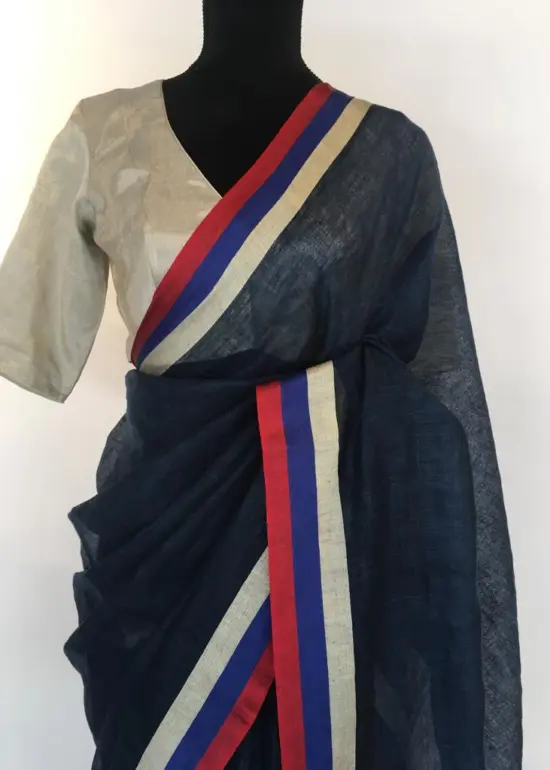 Navyblue Pure Linen Saree woven with contrast border