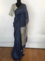 Navyblue Pure Linen Saree  highlighted in Striped Pattern - Image 3