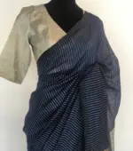 Navyblue Pure Linen Saree  highlighted in Striped Pattern - Image 4