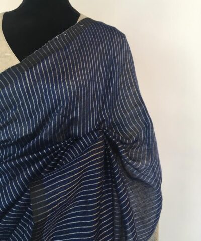Navyblue Pure Linen Saree  highlighted in Striped Pattern