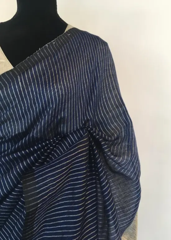 Navyblue Pure Linen Saree  highlighted in Striped Pattern