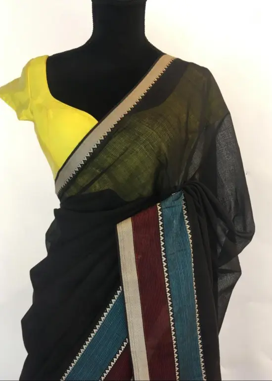 Black Mangalagiri Handwoven Cotton Saree highlighted with Contrast Border