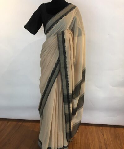Ivory Mangalagiri Handwoven Cotton Saree highlighted with Contrast Border