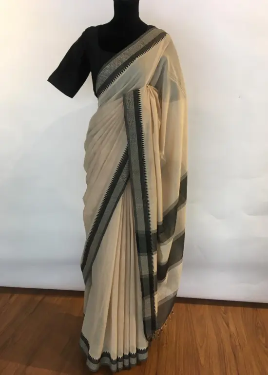 Ivory Mangalagiri Handwoven Cotton Saree highlighted with Contrast Border