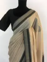 Ivory Mangalagiri Handwoven Cotton Saree highlighted with Contrast Border - Image 4