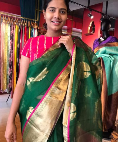 Bottle Green Organza Silk Saree with Kanchi Silk Border