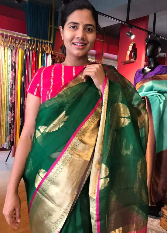 Bottle Green Organza Silk Saree with Kanchi Silk Border