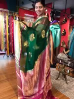 Bottle Green Organza Silk Saree with Kanchi Silk Border - Image 4