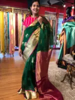 Bottle Green Organza Silk Saree with Kanchi Silk Border - Image 2