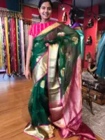 Bottle Green Organza Silk Saree with Kanchi Silk Border - Image 3