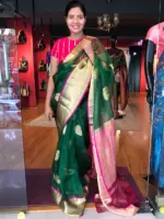 Bottle Green Organza Silk Saree with Kanchi Silk Border - Image 5